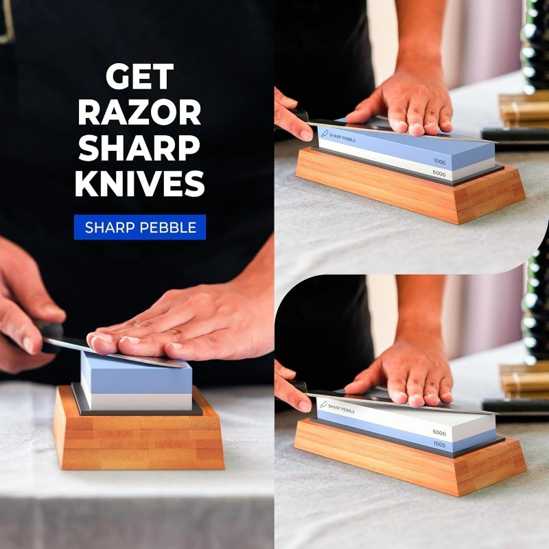 Sharp Pebble Dual-Grit Whetstone Kit (1000/6000) with Bamboo Base & Guide
