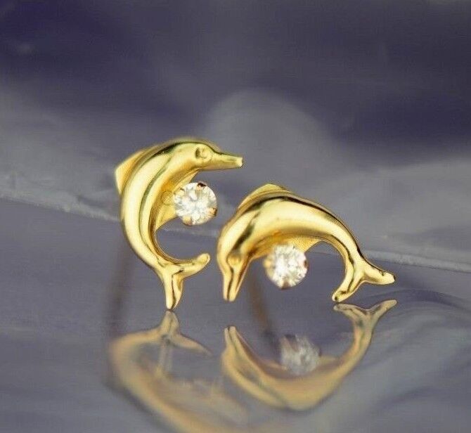14k yellow gold dolphin earrings stud cz