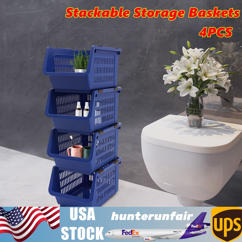 4pcs Fruit Stackable Storage Baskets Blue Pp Odorless Storage Cubes With Rollers