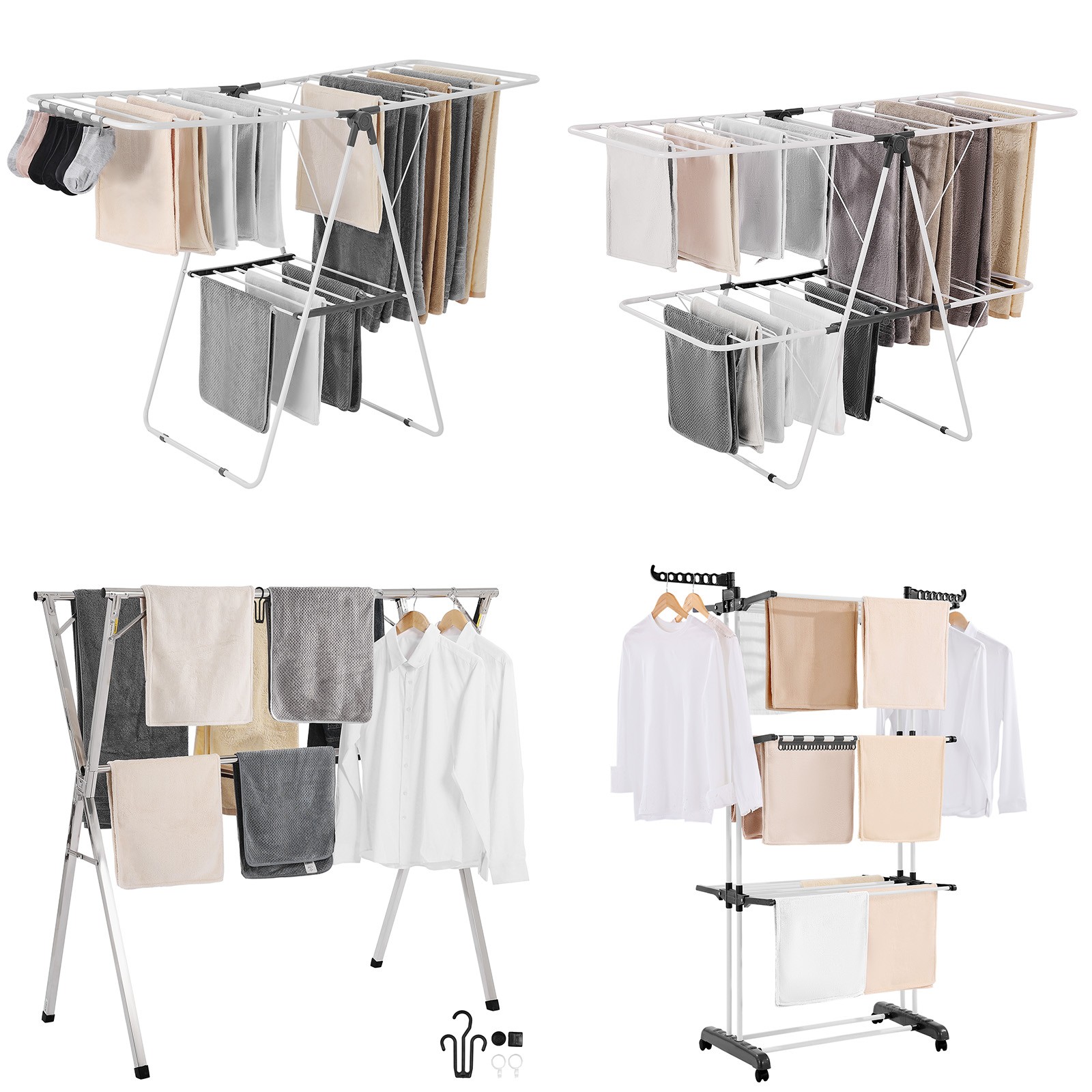 Uimoso Adjustable 2/4-Tier Folding Clothes Drying Rack with Sock Clips & Rods