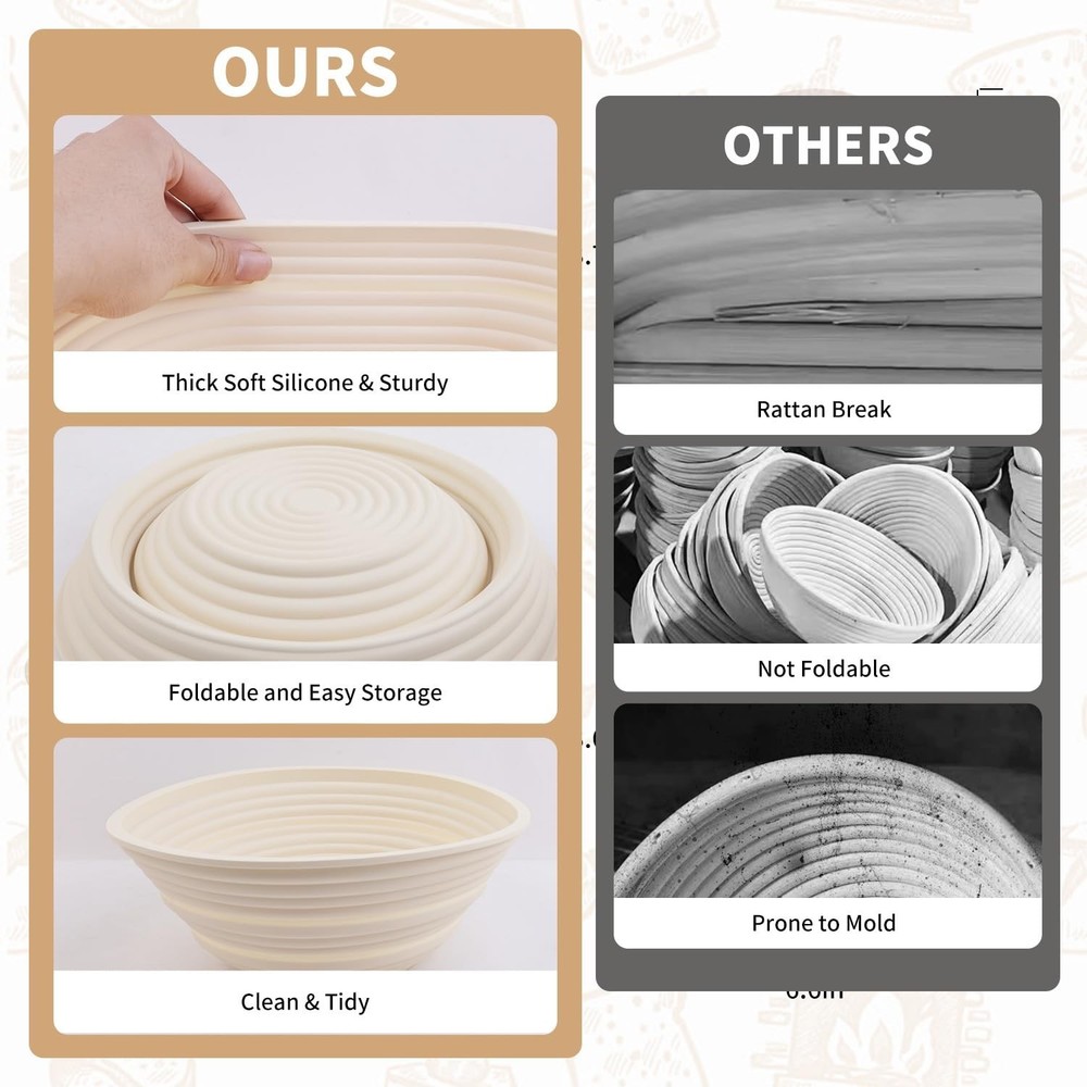 2Pcs Silicone Banneton Bread Proofing Baskets, 10" Oval & 9" Round Foldable N...