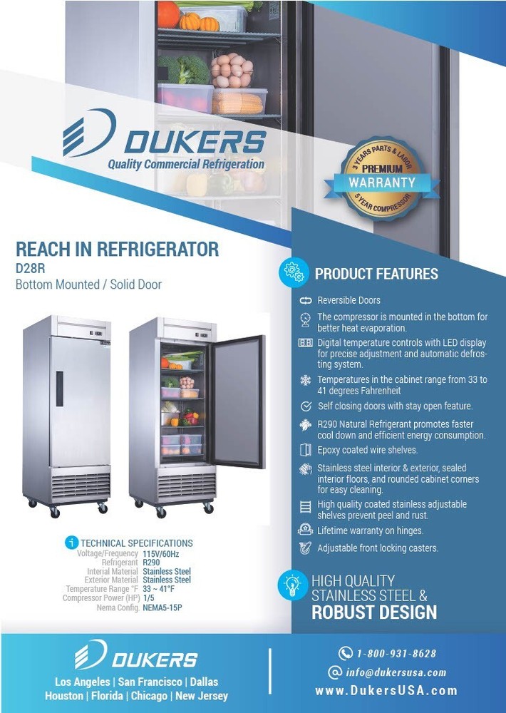 DUKERS D28R, BOTTOM Mount 1-Door REFRIGERATOR