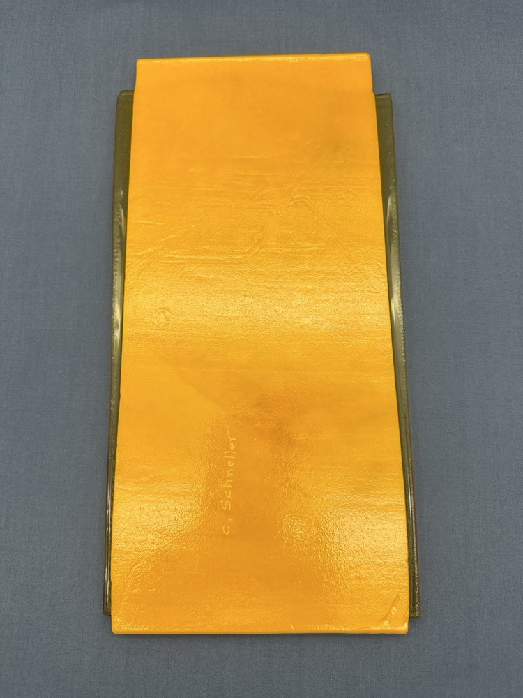 FUSED GLASS Rectangular 12" ART PANEL Orange ABSTRACT Signed DECORATIVE PLATE