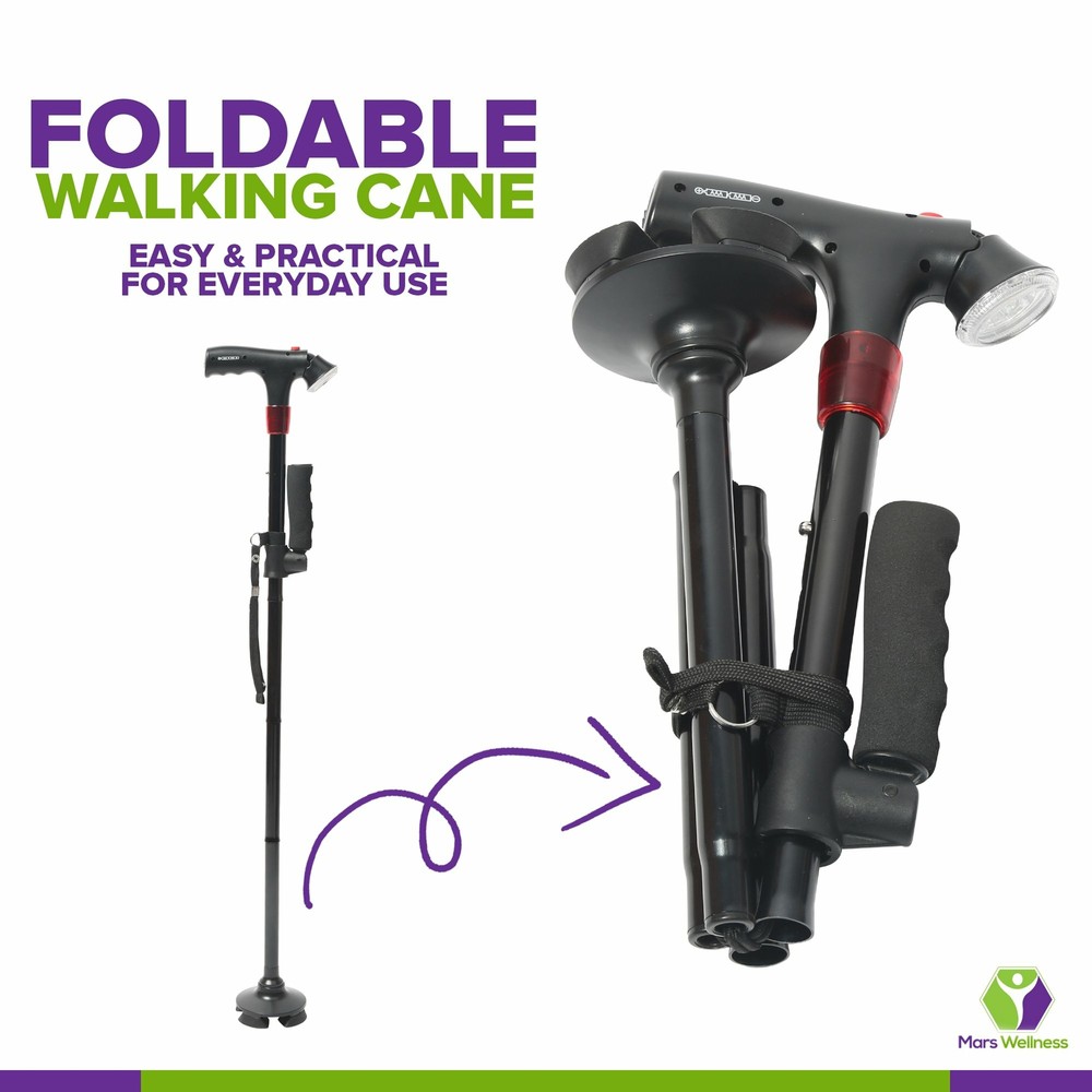 NEW Lightweight Folding Cane with LED Flashlight Flexible Cane Tip, EXTRA Handle