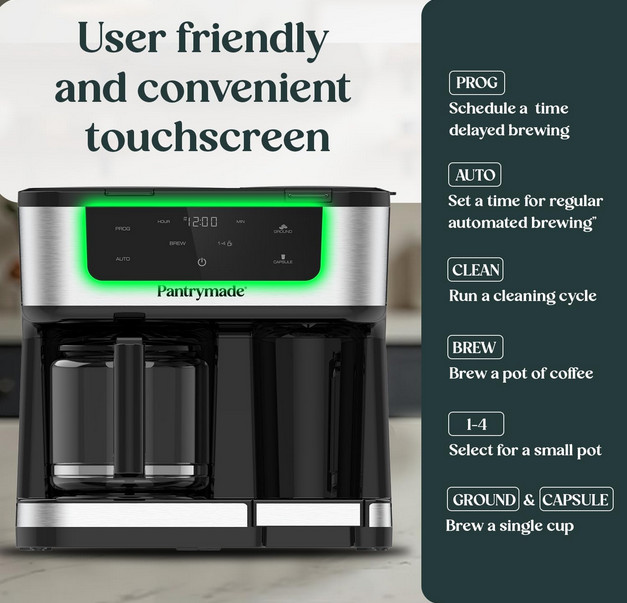 Pantrymade Dual Brew Coffee Maker Glass Carafe 12-Cup Touchscreen Programmable
