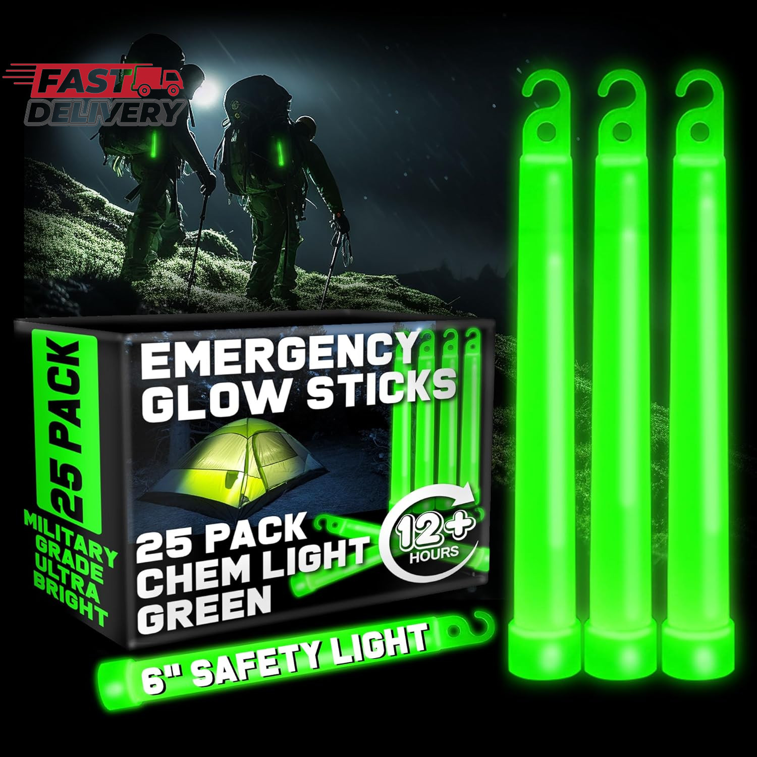 Partysticks Green Glow Sticks Emergency Chem Lights (6", 25 Pack) Military Grade