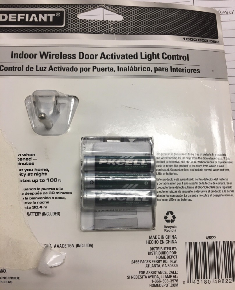 NEW DEFIANT INDOOR WIRELESS Door Activated Light Control