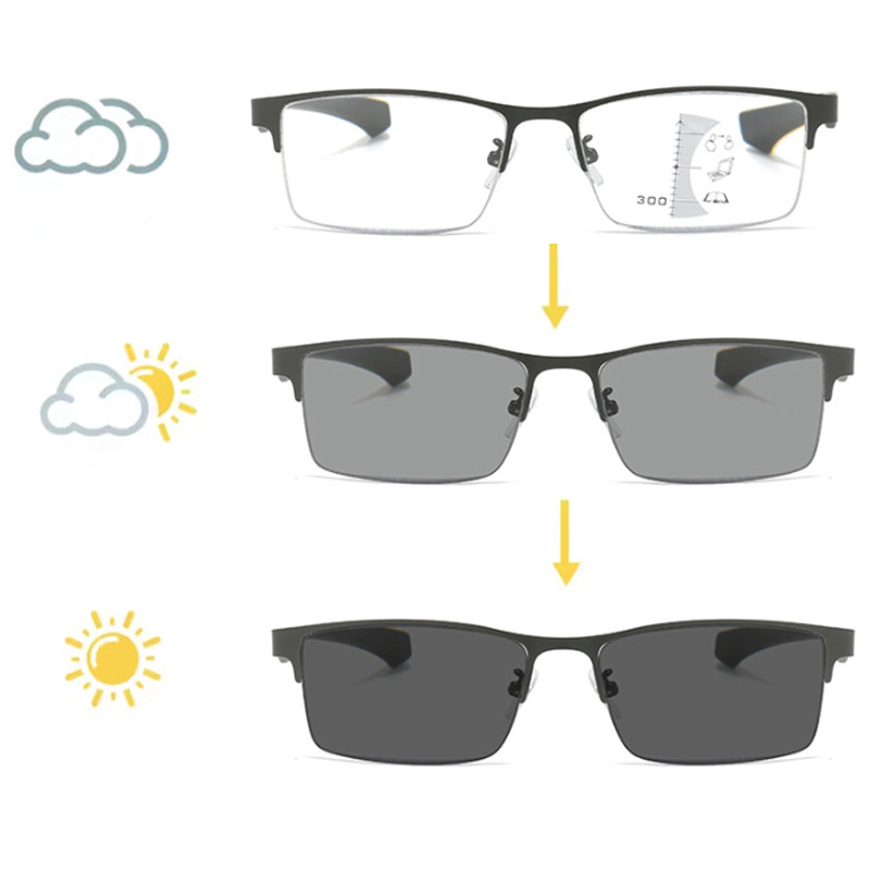 Photochromic Gunmetal Progressive Multifocal Reading Glasses Anti-blue Magnifier