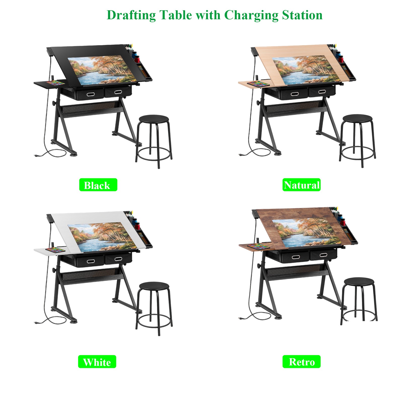 Drafting Drawing Table Adjustable Art Craft Desk with Charging Station and Stool