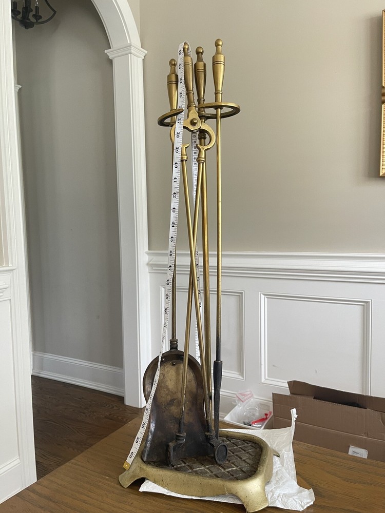 Vintage Solid Brass Fireplace Tool Set 4 Piece + Stand Missing Broom Head