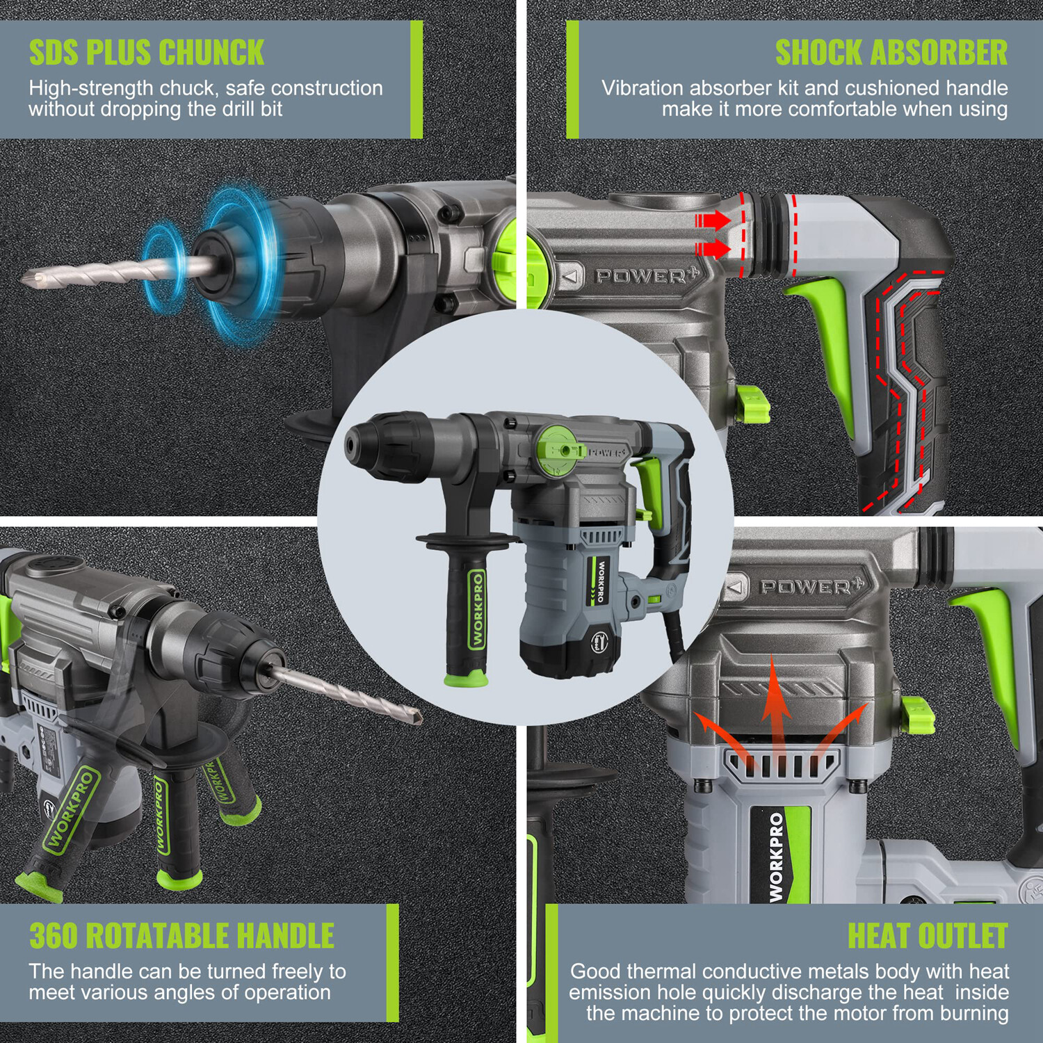 WORKPRO Heavy Duty Premium Rotary Hammer Drill SDS-Plus 12.5AMP Corded 5PCS Bits