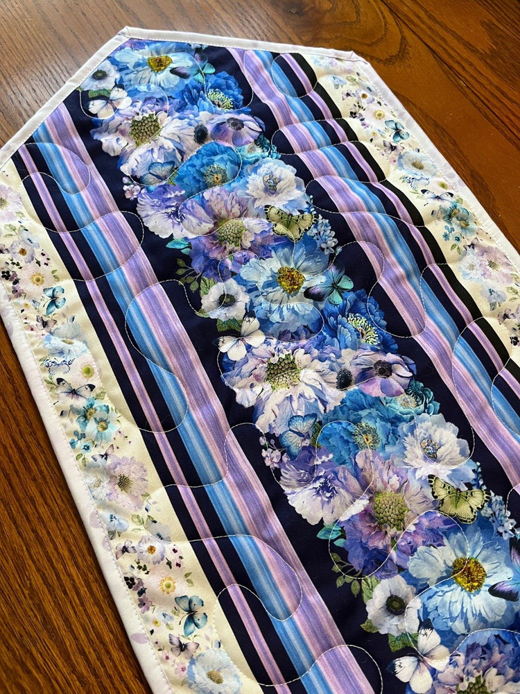 Handcrafted-Quilted Table Runner- Spring Has Arrived -Flowers Various Blues 2025