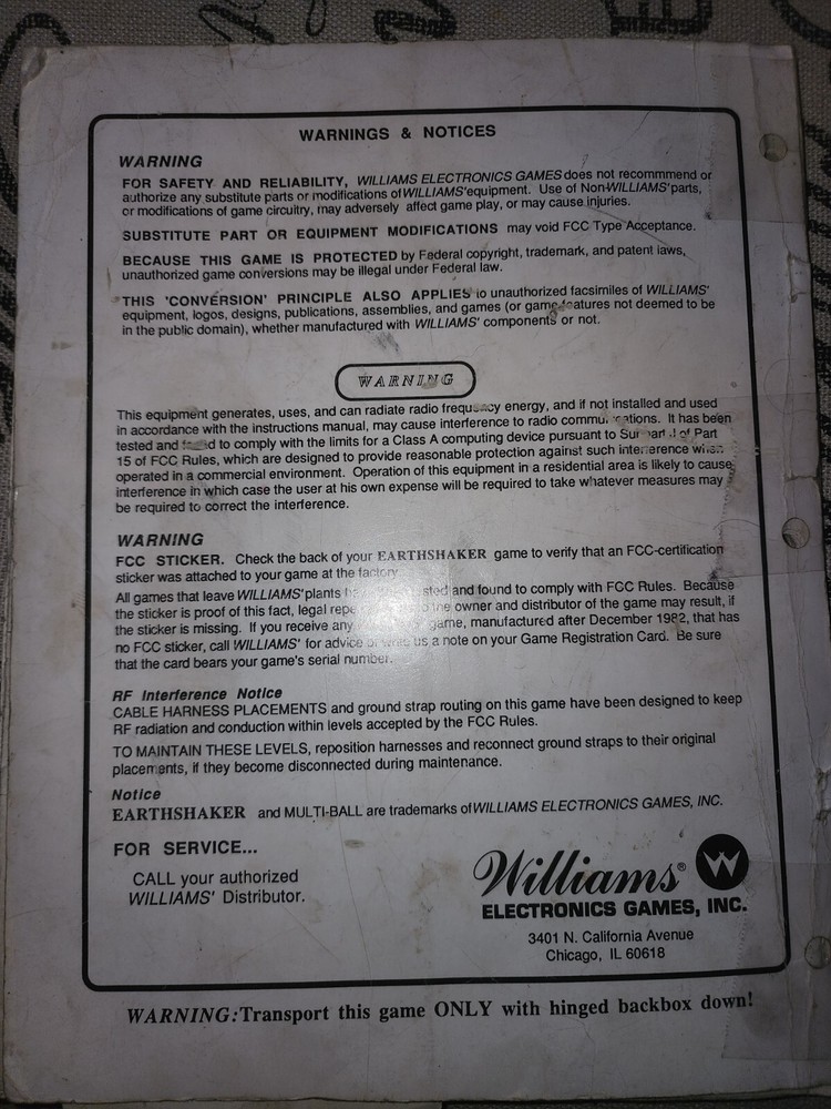 Earthshaker Pinball Manual Williams