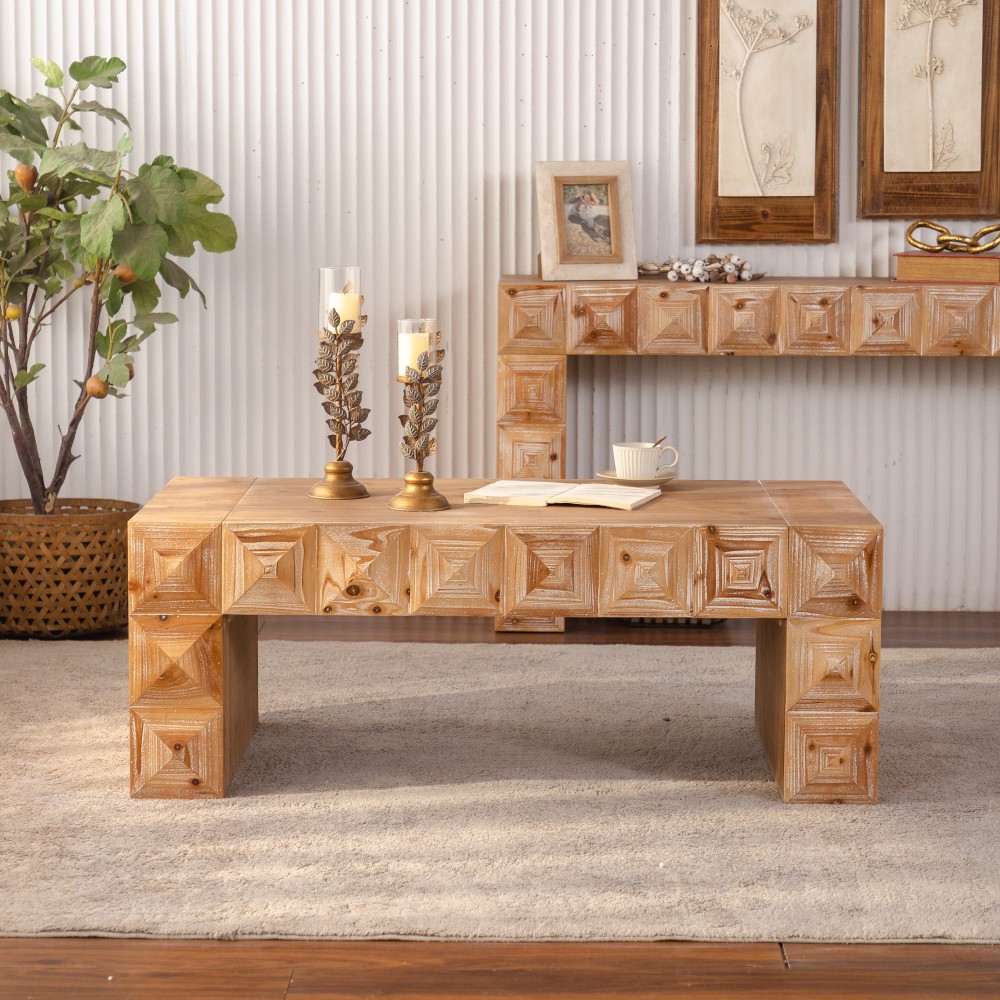 Rustic 3D Carved Geometric Relief Coffee Table, Solid Wood