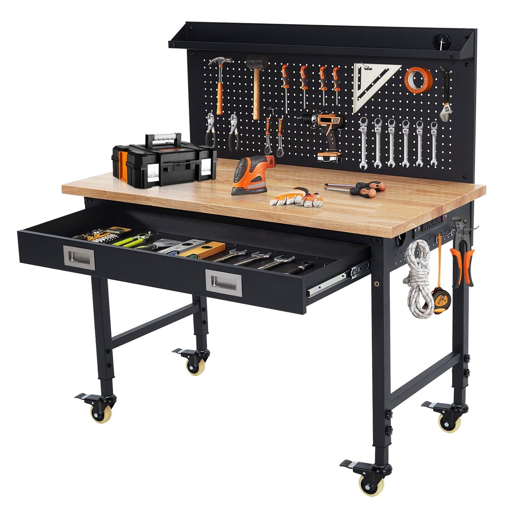 Workbench with Storage Drawer,Pegboard,Wheels Work Table for Garage,Workshop,60"