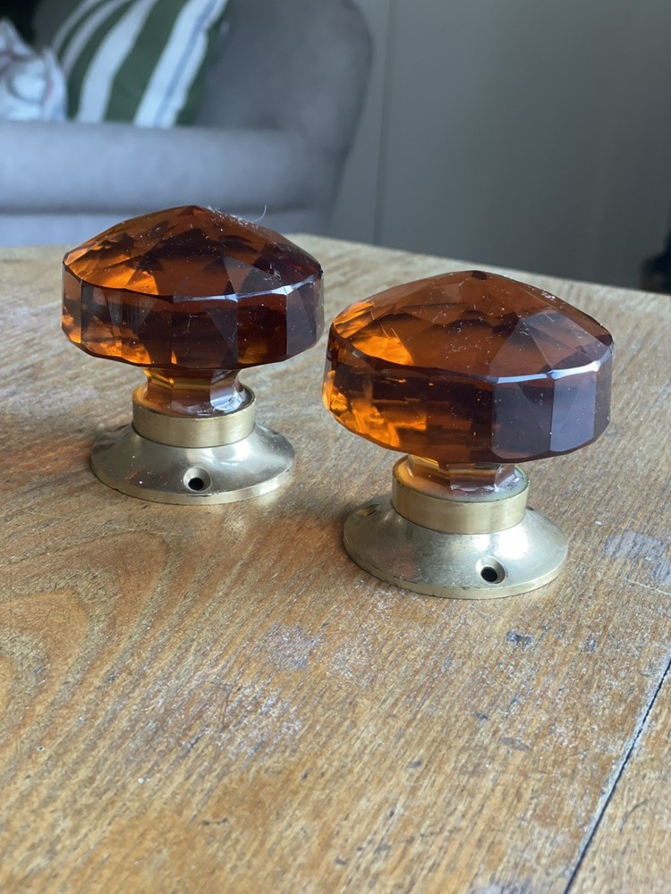 2 x Brass And Amber Glass Door Knobs, Handles Pair
