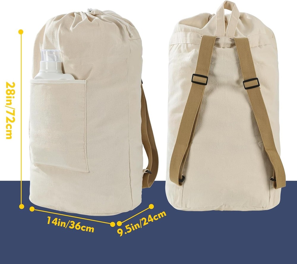 Canvas Laundry Bag Washable Laundry Backpack Adjustable Straps (BEIGE, X-Large)