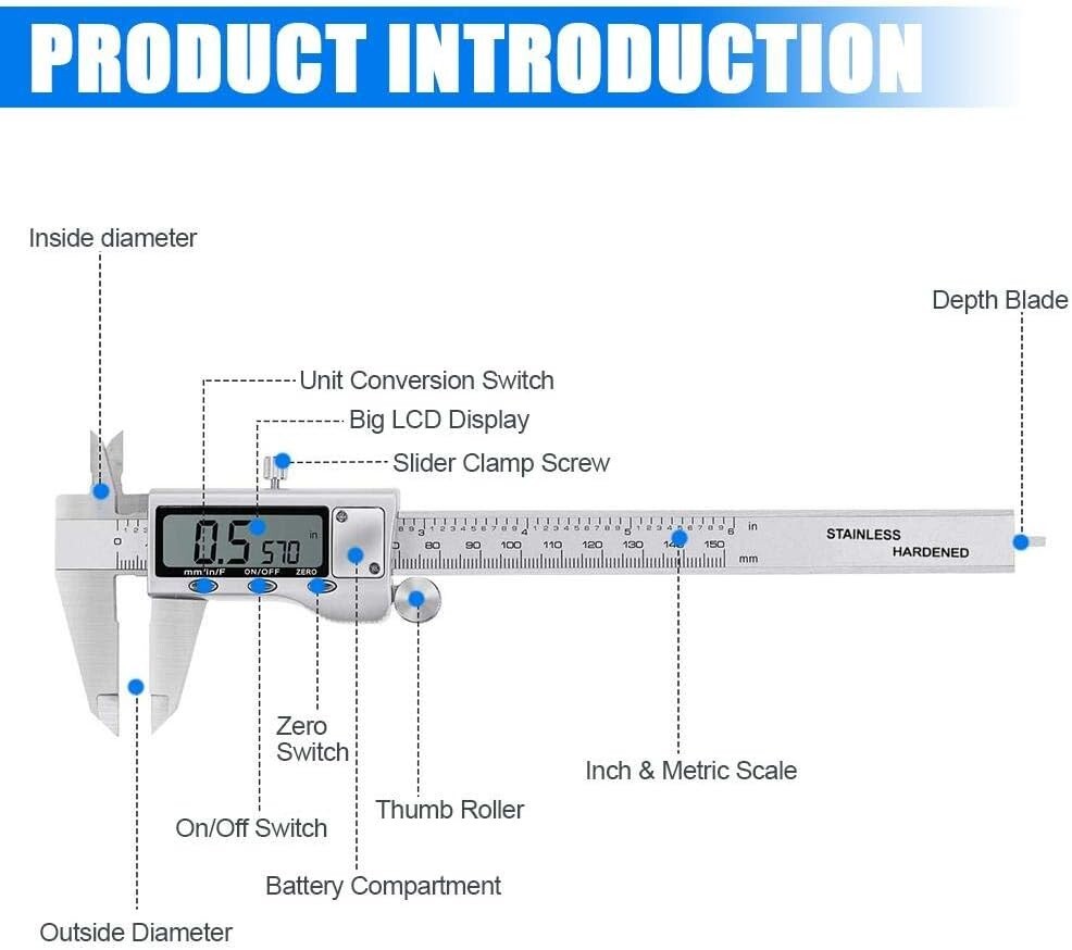 Digital Caliper Measuring Tool, Stainless Steel Vernier Caliper Digital Micro...