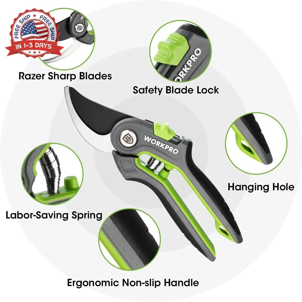 WORKPRO Garden Pruning Shears 2 Pack, 8" Bypass Pruning Shears and 6.25" Straigh