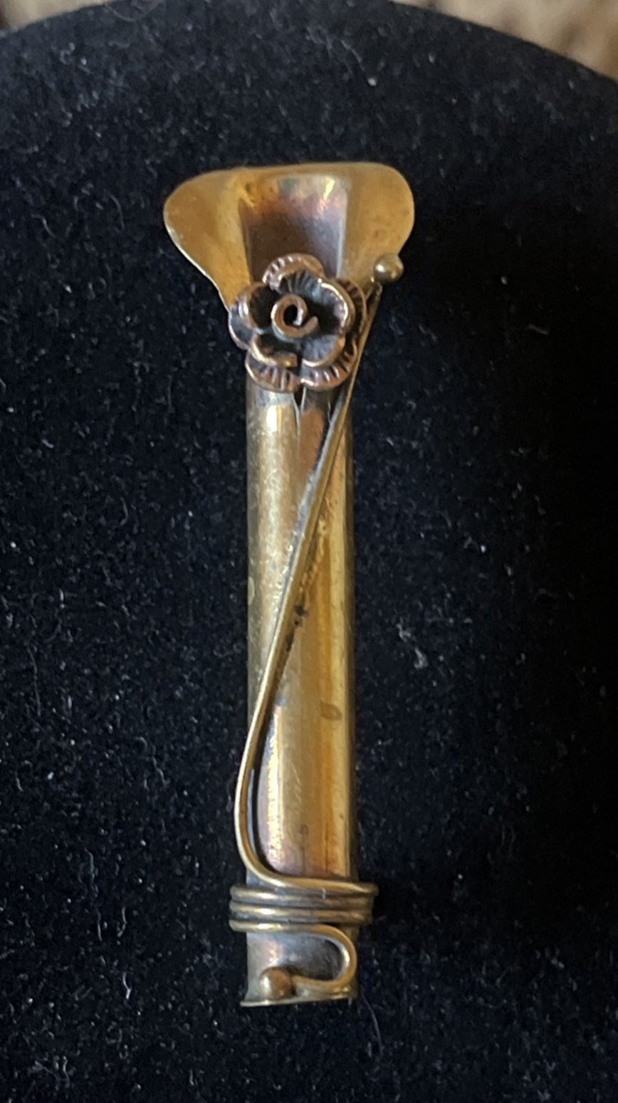 Vintage Tussie Mussie Posey Holder Pin Brooch Brass Thailand