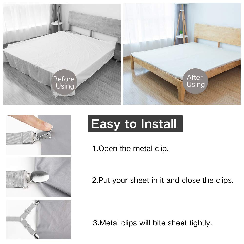 Fitted Sheet Holder Straps 4 Pack Adjustable Elastic Clips For All Bed Sizes