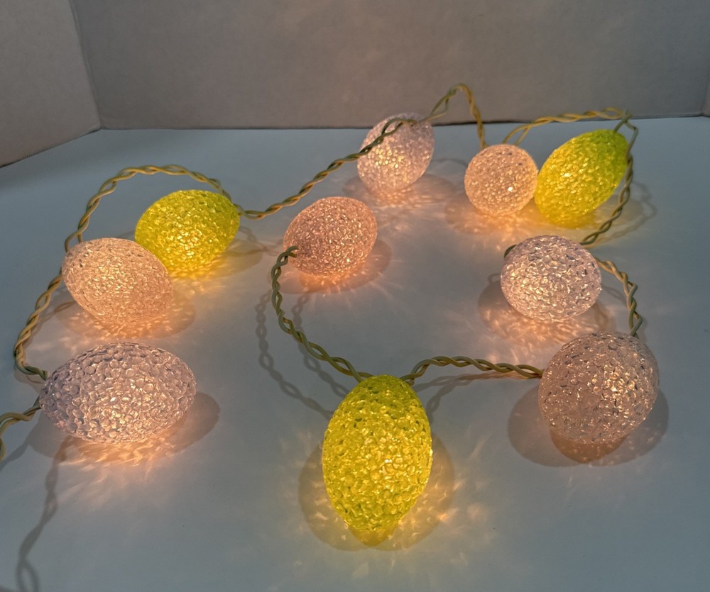 10 Easter Egg STRING LIGHTS Melted Plastic Popcorn GARLAND Vintage PINK BLUE