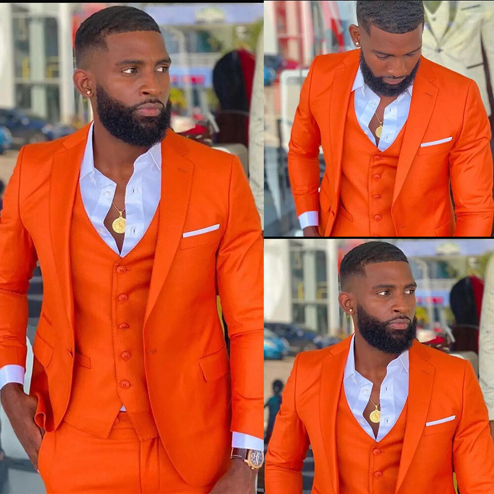 Orange Men Suits 3 Pieces Wedding Tuxedos Slim Fit Party Business Blazers Prom