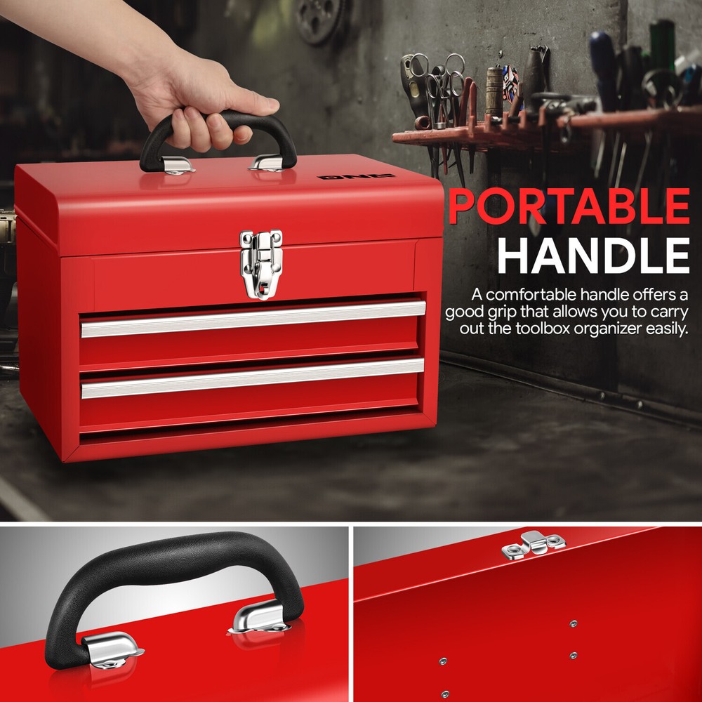 Workshop Garage Household Lockable 14" 2-Drawer Steel Tool Box Organizer Storage