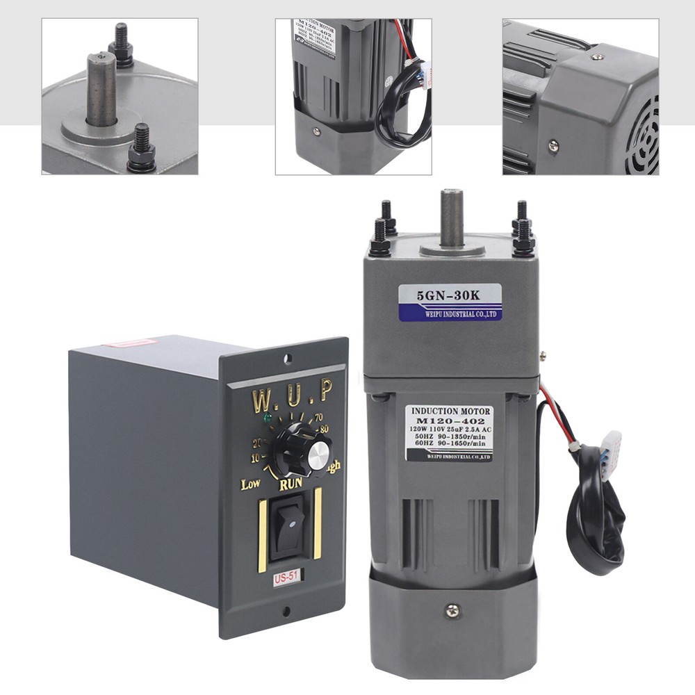 120W 1:30 Single-shase Gear Motor Electric Motor Variable Speed Controller 110V