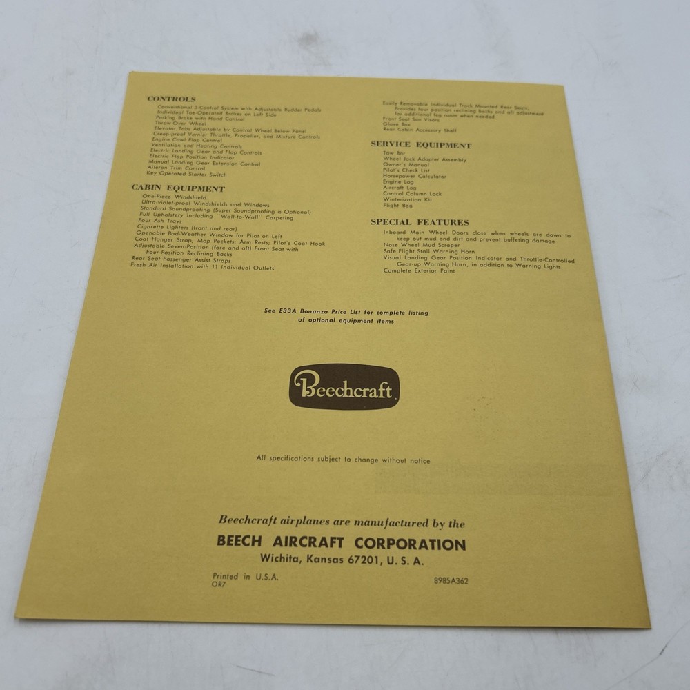 1967 BEECHCRAFT Bonanza E33A Advertising Fold Out Specifications