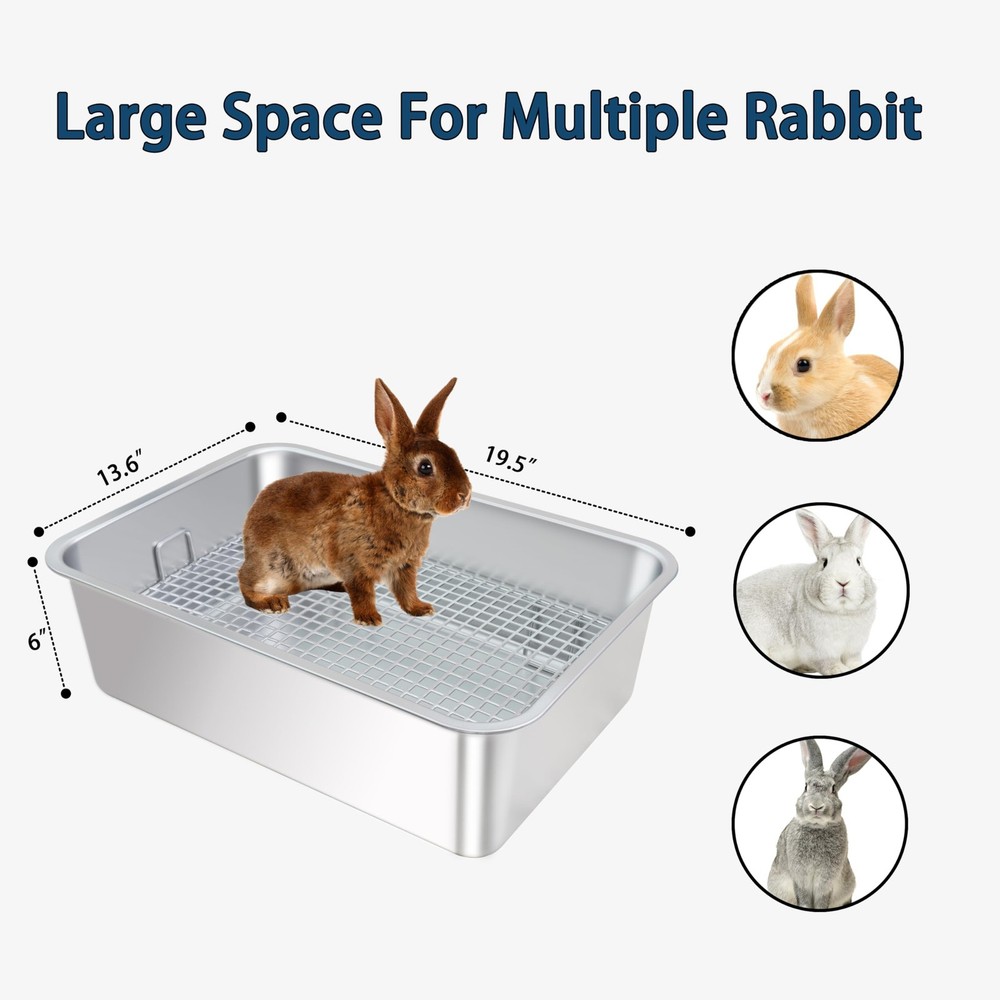 Large Stainless Steel Rabbit Litter Box with Widened Grid and Deep Storage