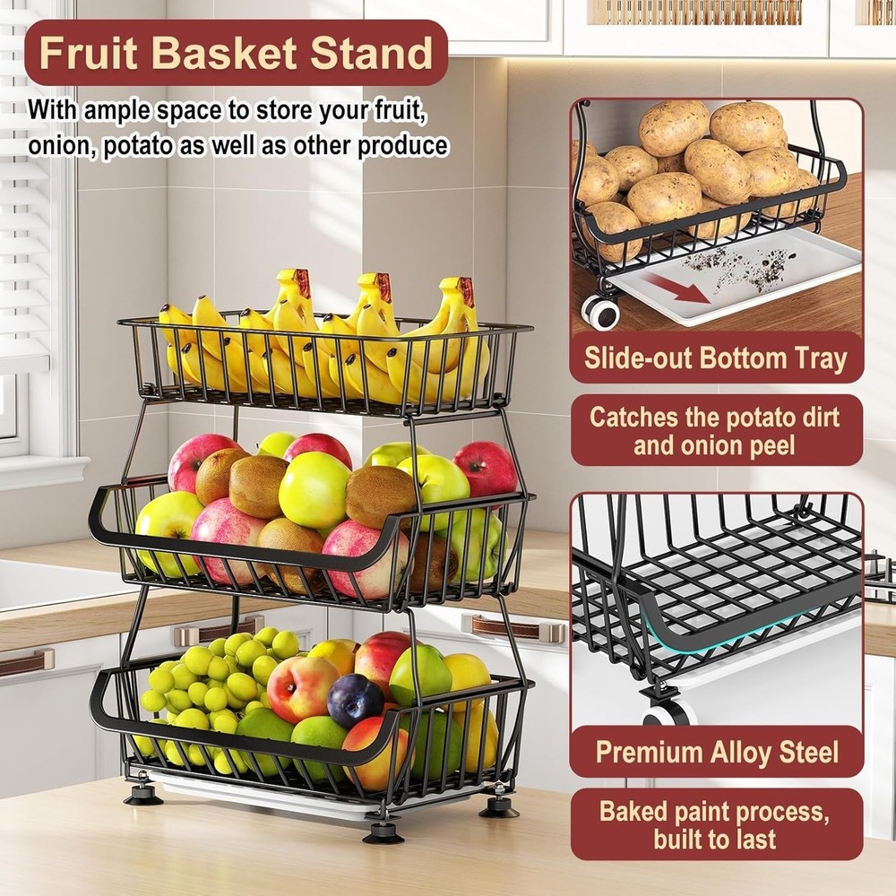 3-Tier Rolling Pantry Cart with Wheels, Stackable Wire Storage Floor Organize...