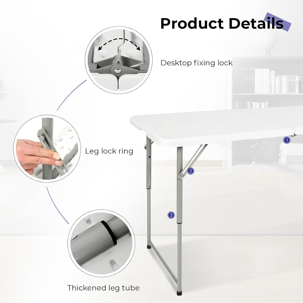 4Ft Folding Table Heavy Duty Plastic Fold in Half Adjustable Height Portable