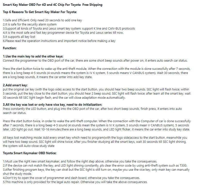 Toyota / Lexus OBD2 Quick Reset Tool 4D Key Programmer Keymaker ship from USA