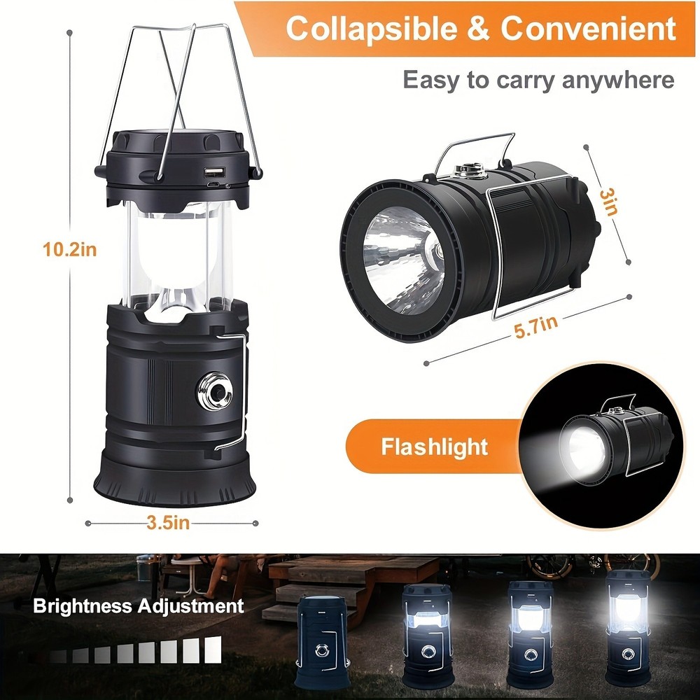 Portable Solar LED Camping Lantern Waterproof Rechargeable Emergency Flashlight