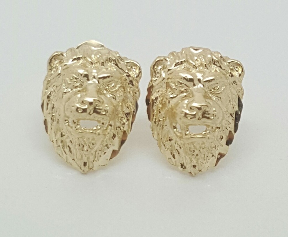 14k Solid Yellow Gold Lion Head Leo Stud Earrings Push Back