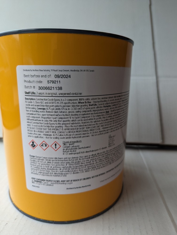 Construction Grade Epoxy paste adhesive Northern MFG 579215 components A B