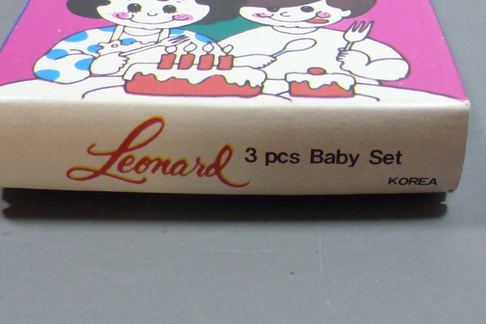 Vintage Leonard Silver Co. Stainless LEO6 3 Piece Baby Flatware Set, Mint in Box