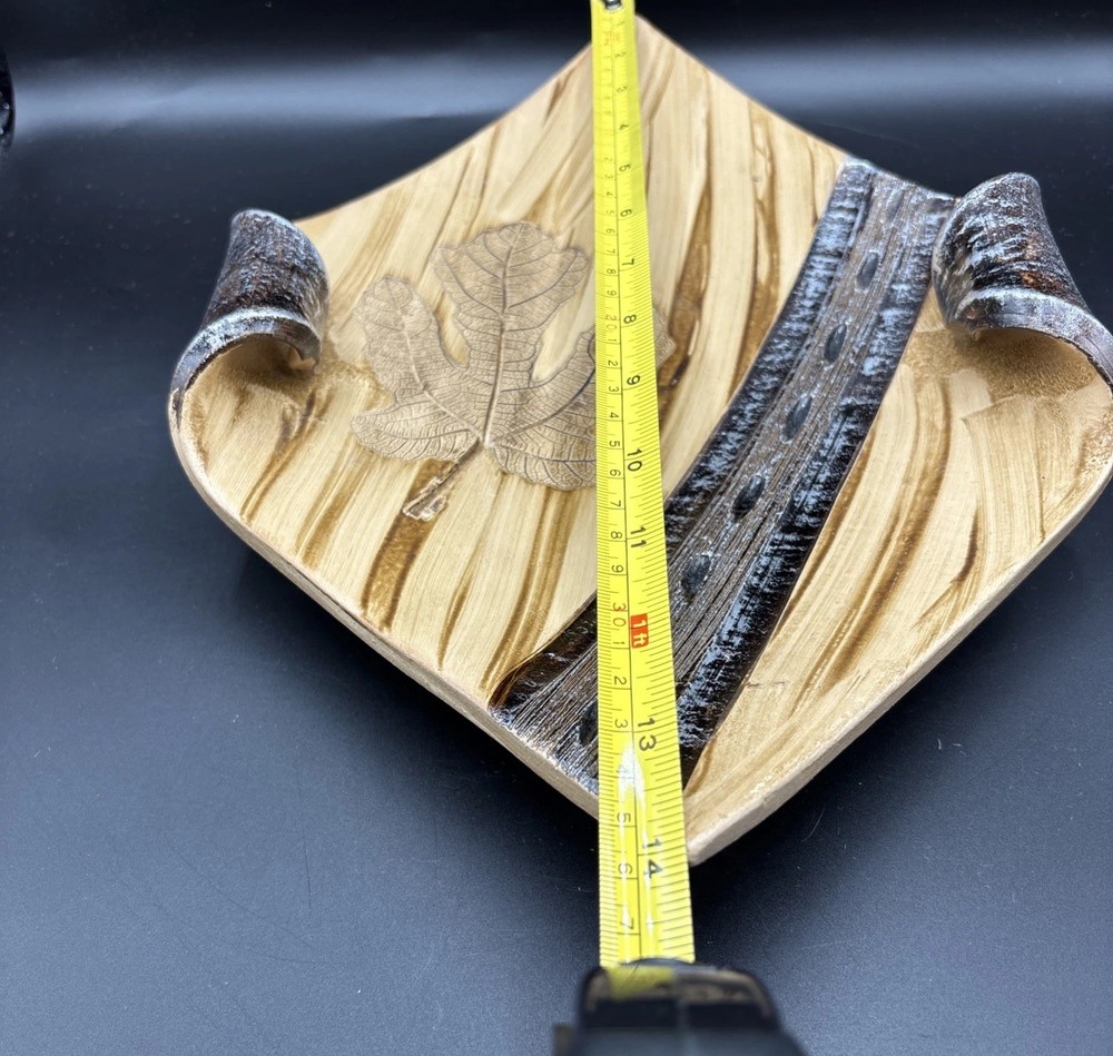 Studio Art Pottery Decor Dish Carved Leaf Pattern Metallic Curled Unsigned