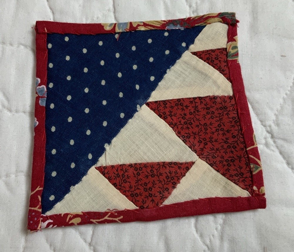 Antique Patchwork Quilt Table Topper, Early Calicos, Mini, Triangles, Navy, Red