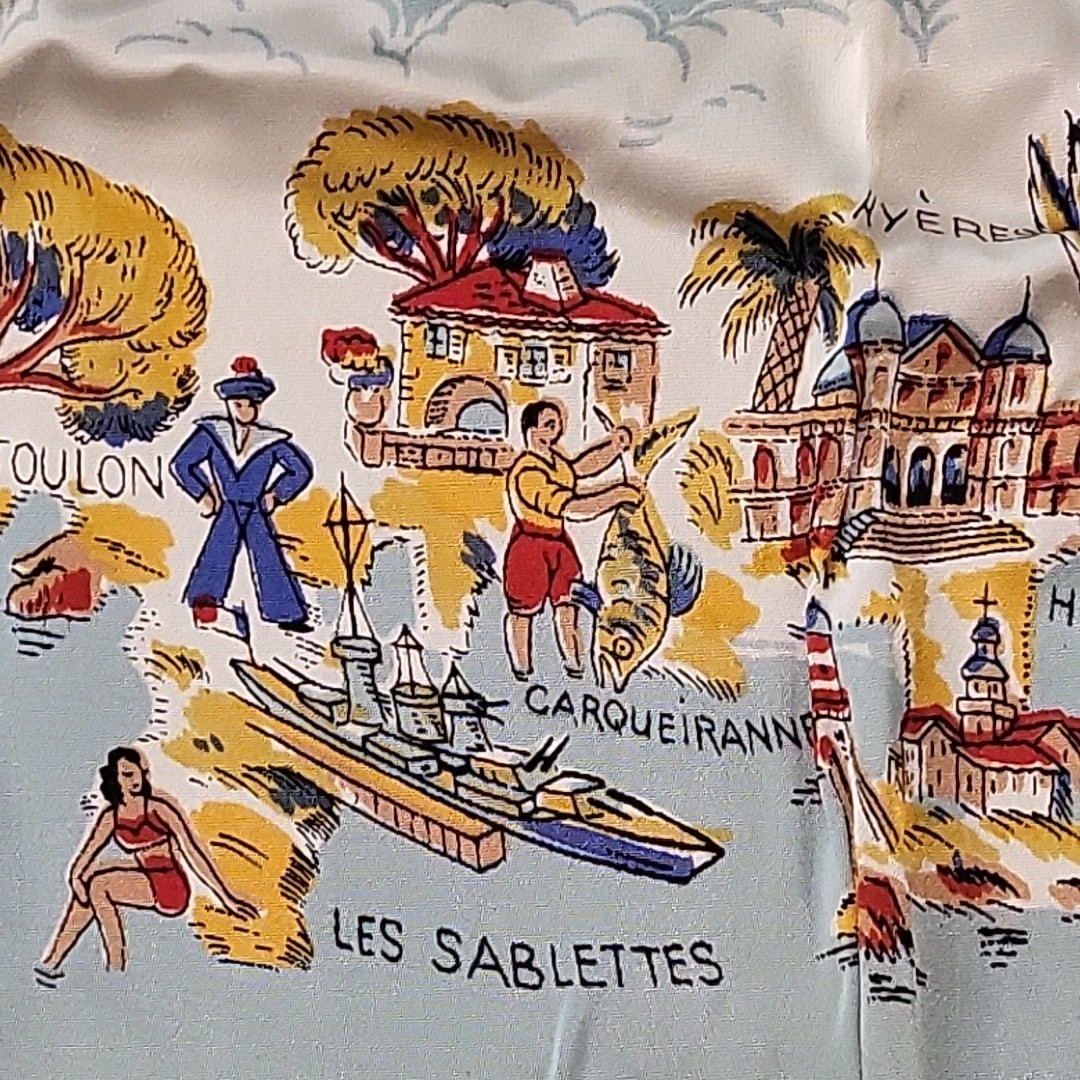 Vtg 50s/60s Côte d'Azur Silk Souvenir Scarf - French Riviera Map Mermaid 30"