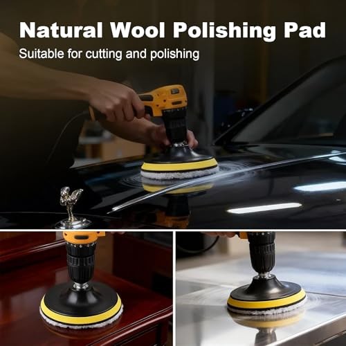 Wool Polishing Buffing Pad with Hook & Loop Backing with M14 Drill Adapter for
