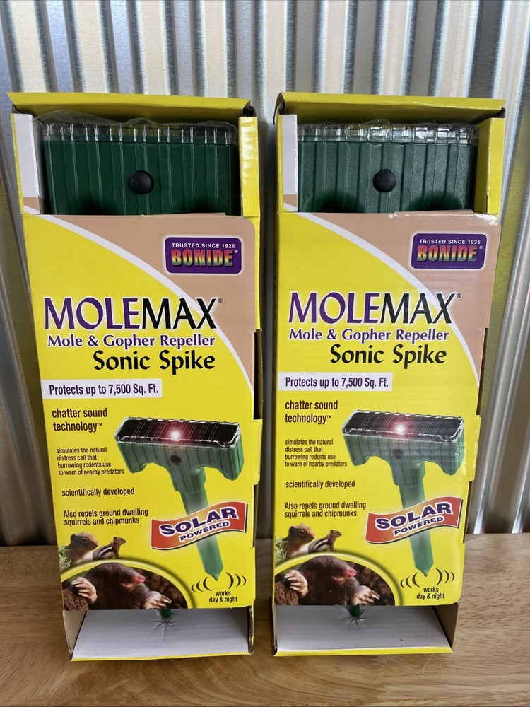 (2) Molemax Bonide Mole & Gopher Repeller Sonic Spike  Solar Powered Day & Night