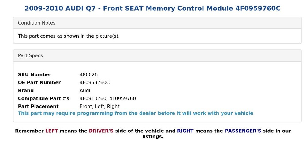 2009-2010 AUDI Q7 - Front SEAT Memory Control Module 4F0959760C
