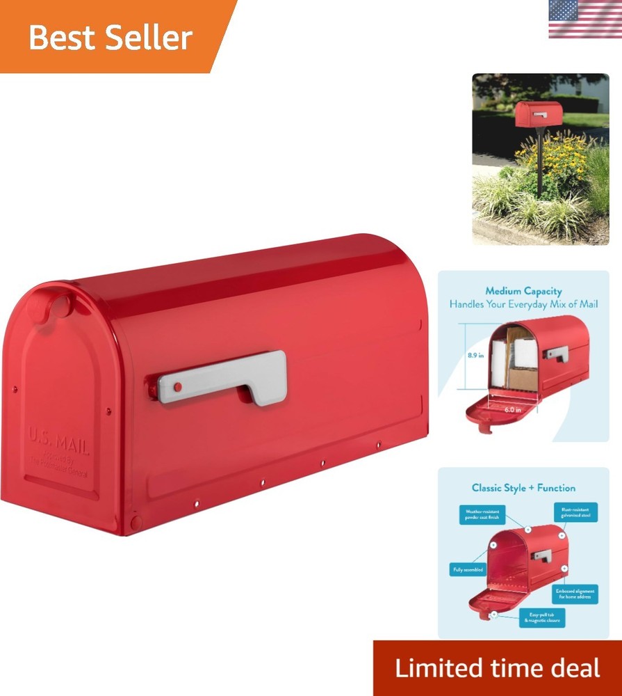 Elegant Medium Red Mailbox - USPS Approved Post Mount, Durable & Weather Ready