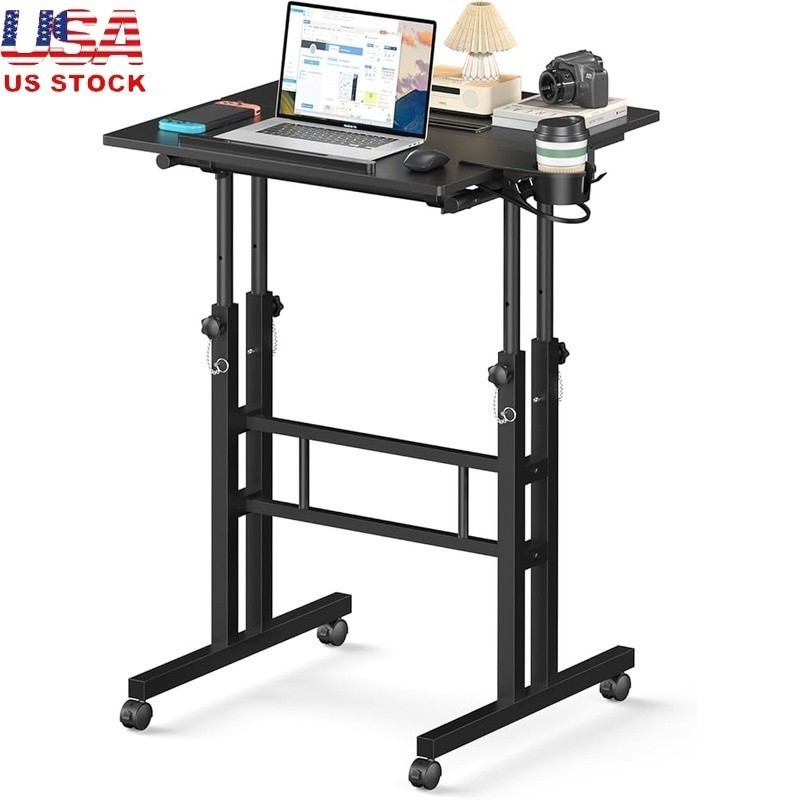 Small Standing Computer Desk W/ Wheels Mobile Stand Up Desk Portable Adjustable