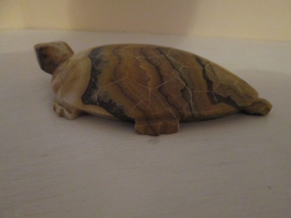 Solid Stone Turtle Figurine Hand Carved 6" Long