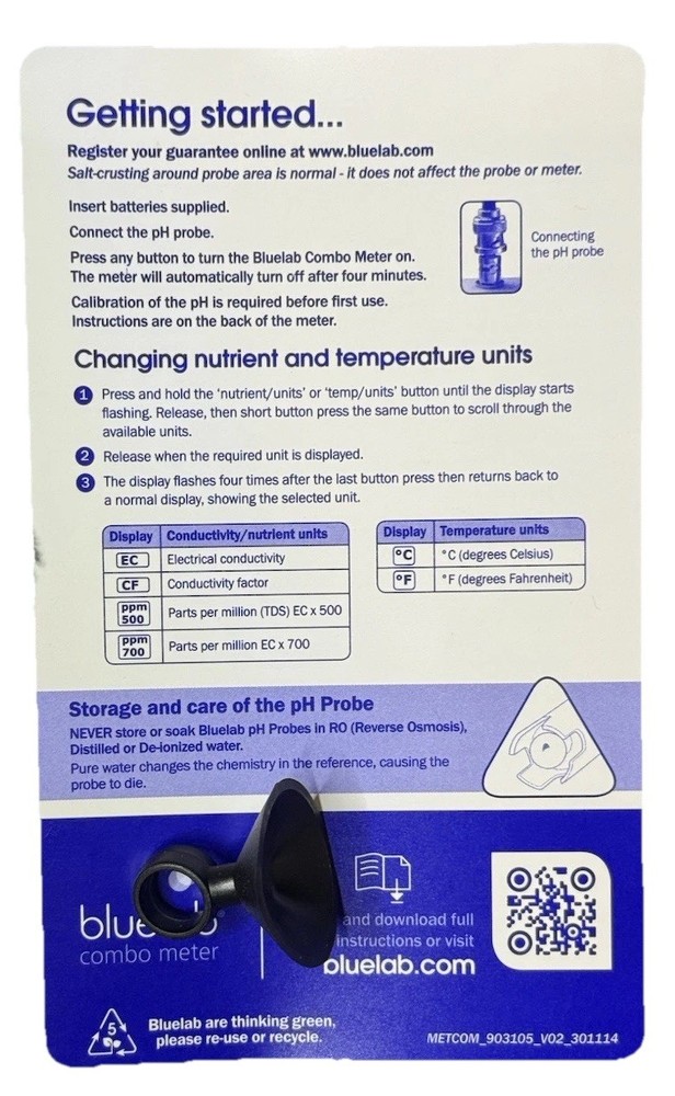 Bluelab Combo Meter pH EC Temperature Nutrient Solution Tester Kit Probes Case