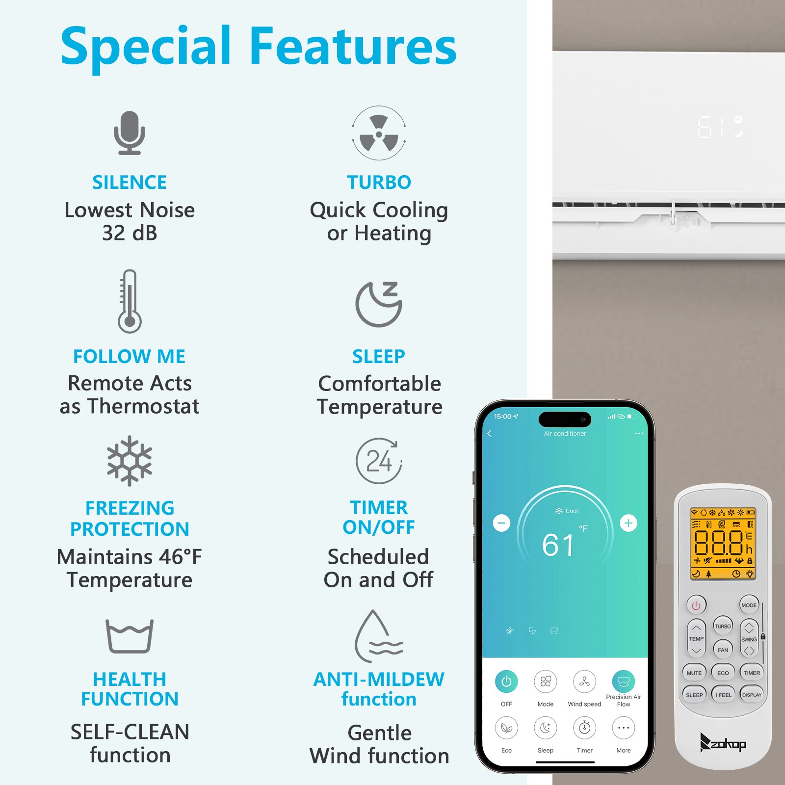 ZOKOP 18,000 BTU Mini Split Air Conditioner & Heater Ductless Inverter 21 SEER2