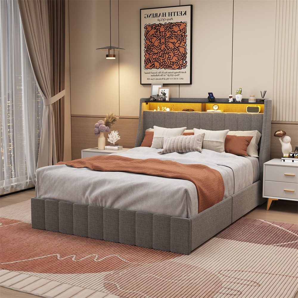 Queen Size Bed Frame Upholstered Platform Bed w/ LED Light Headboard & 4 Drawer